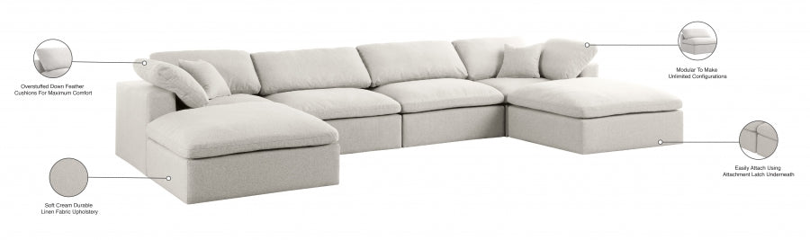 Serene Cream Linen Textured Deluxe Modular Down Filled Cloud-Like Comfort Overstuffed Sectional from Meridian - Luna Furniture