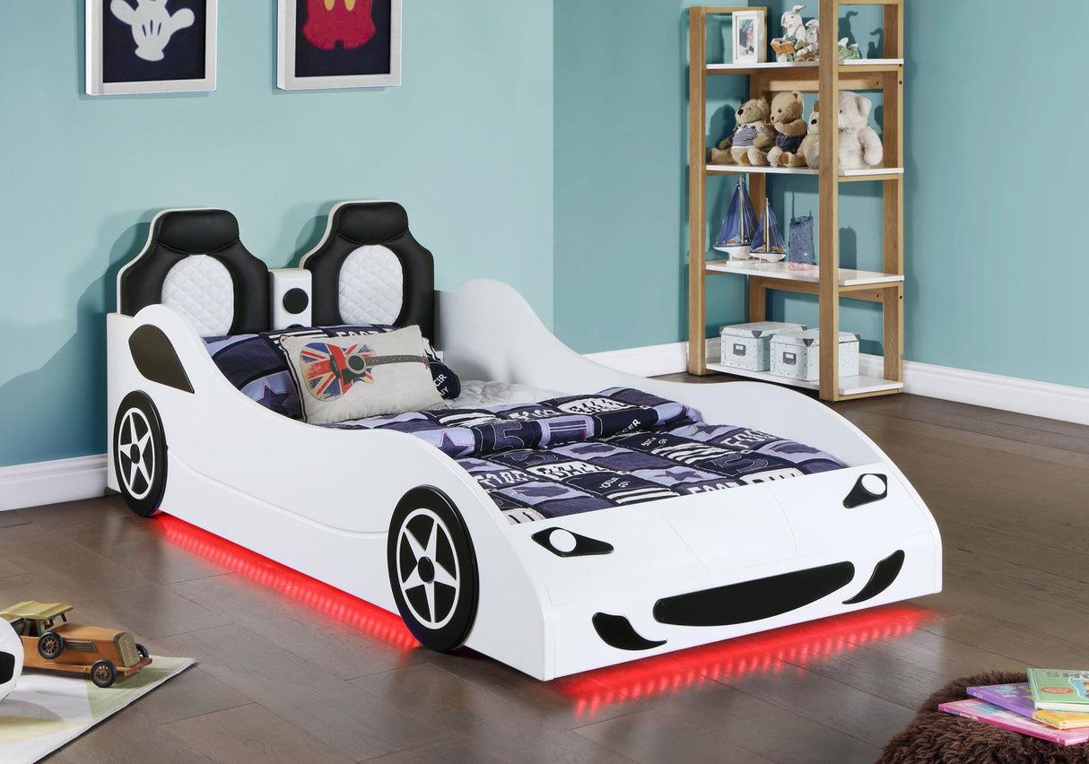 Cruiser Car Themed Twin Bed with Underglow Lights White from Coaster - Luna Furniture