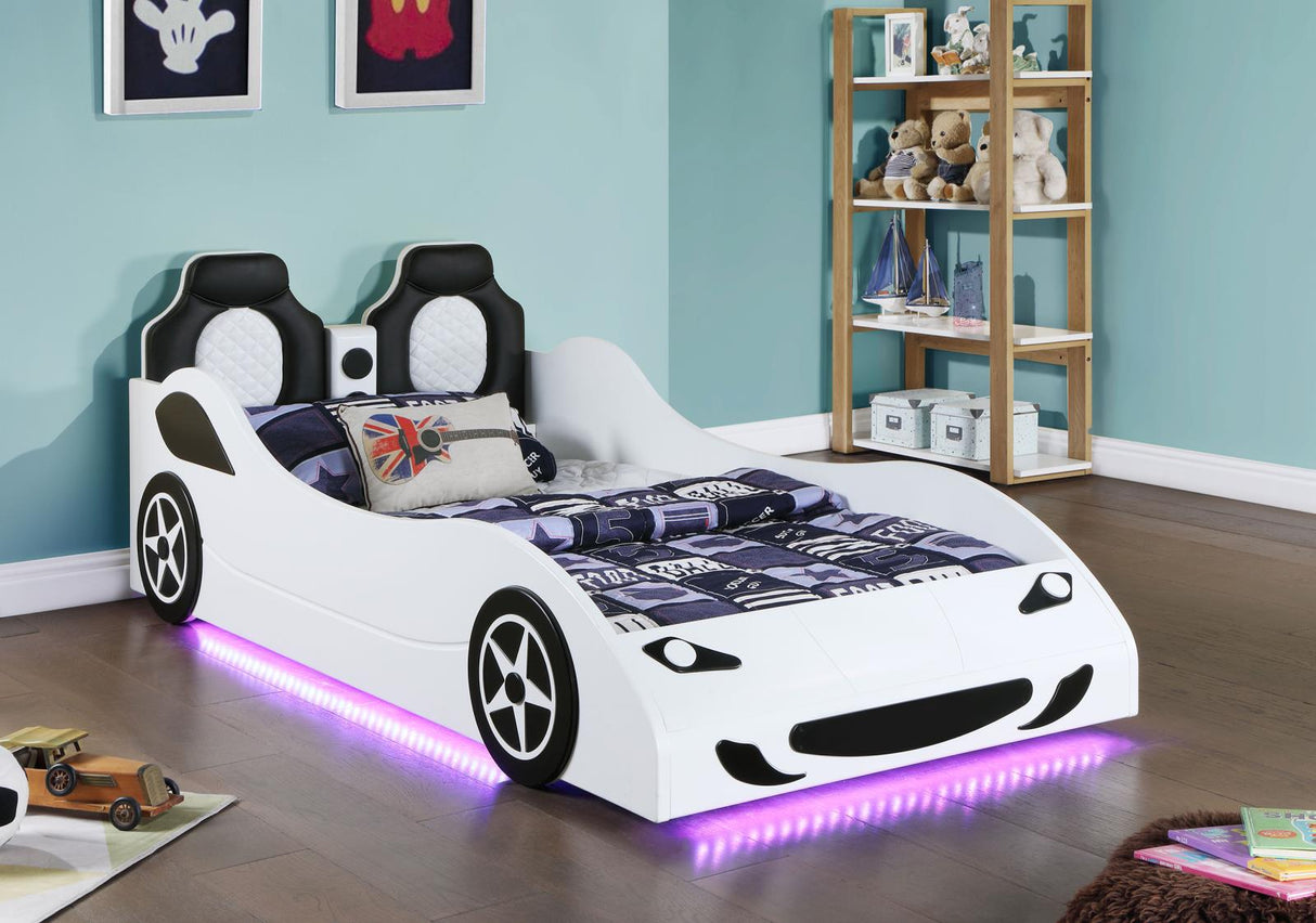 Cruiser Car Themed Twin Bed with Underglow Lights White from Coaster - Luna Furniture