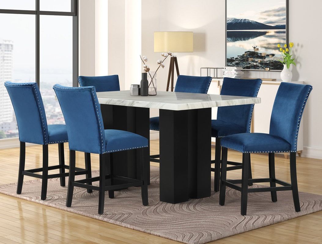 Stockholm Blue 7-Piece Faux Marble Counter Height Set -  Happy Homes - Luna Furniture