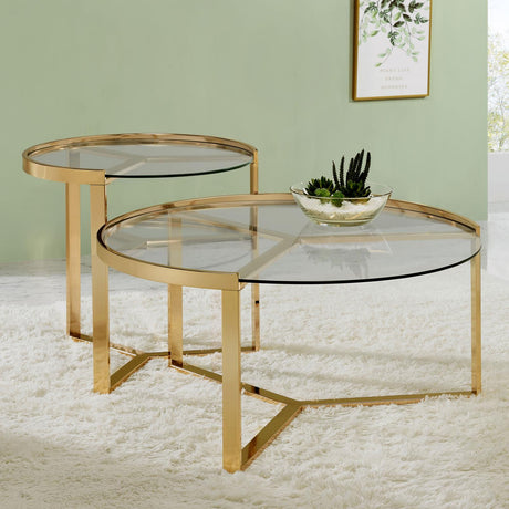 Delia 2-Piece Round Nesting Table Clear/Gold from Coaster - Luna Furniture