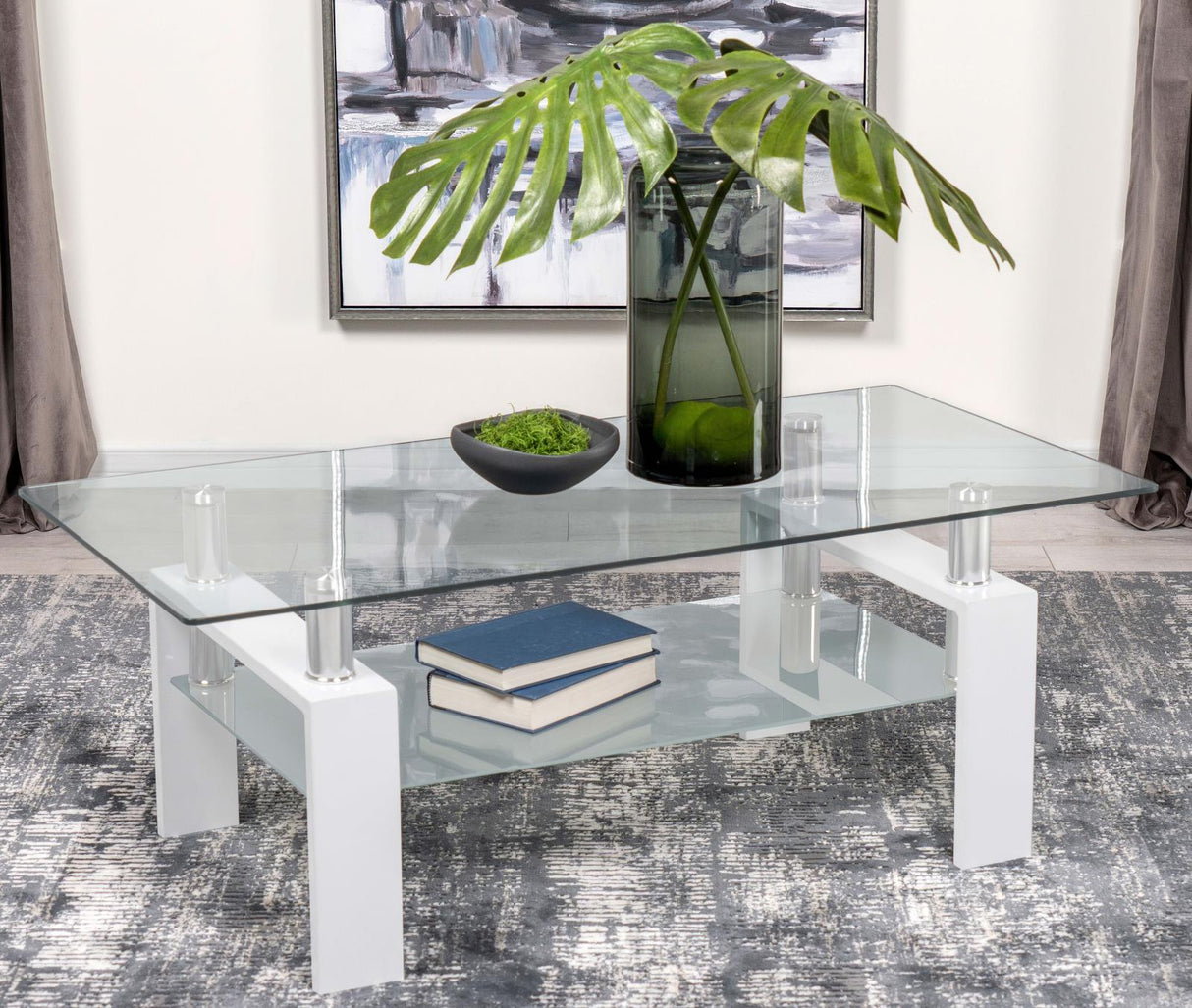 Dyer Rectangular Glass Top Coffee Table With Shelf White from Coaster - Luna Furniture