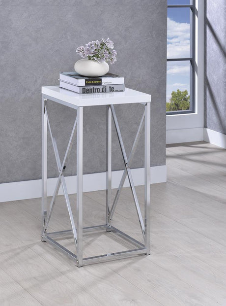 Edmund Glossy White/Chrome Accent Table with X-cross from Coaster - Luna Furniture