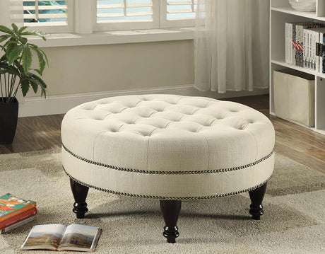 Elchin Round Upholstered Tufted Ottoman Oatmeal from Coaster - Luna Furniture