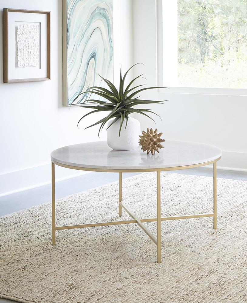 Ellison White/Gold Round X-cross Coffee Table from Coaster - Luna Furniture