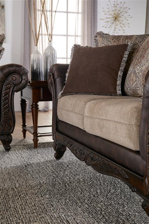 Elmbrook Upholstered Rolled Arm Loveseat with Intricate Wood Carvings Brown from Coaster - Luna Furniture