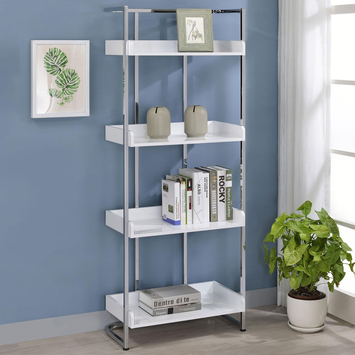 Ember White High Gloss/Chrome 4-Shelf Bookcase from Coaster - Luna Furniture