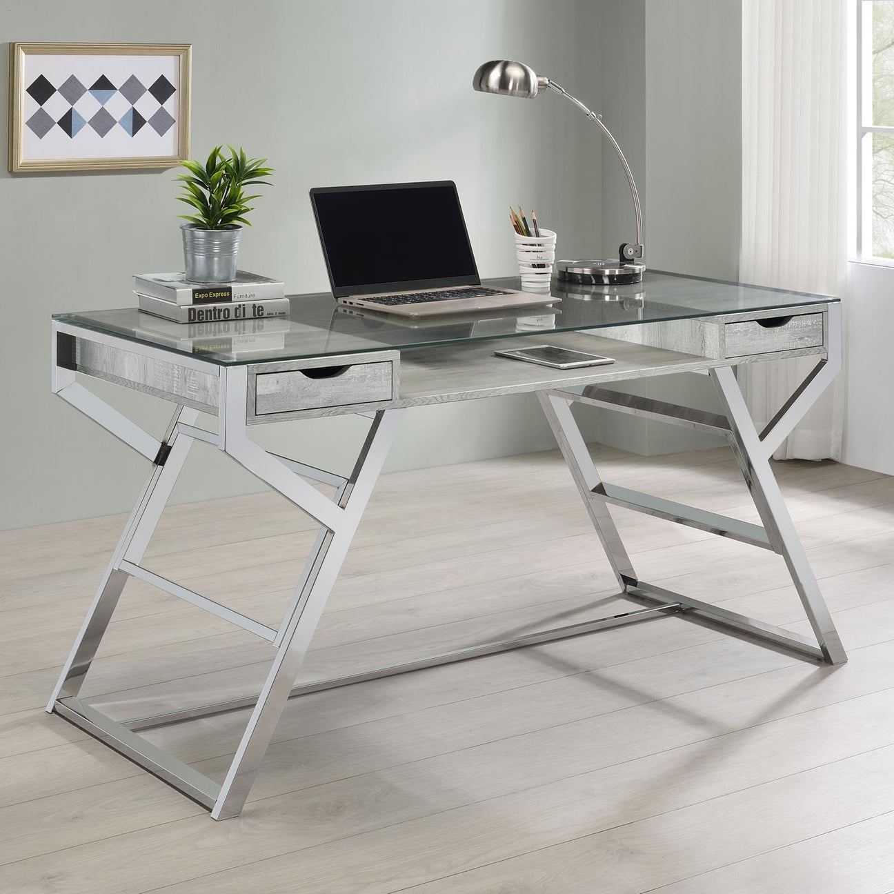 Emelle Gray Driftwood/Chrome 2-Drawer Glass Top Writing Desk from Coaster - Luna Furniture