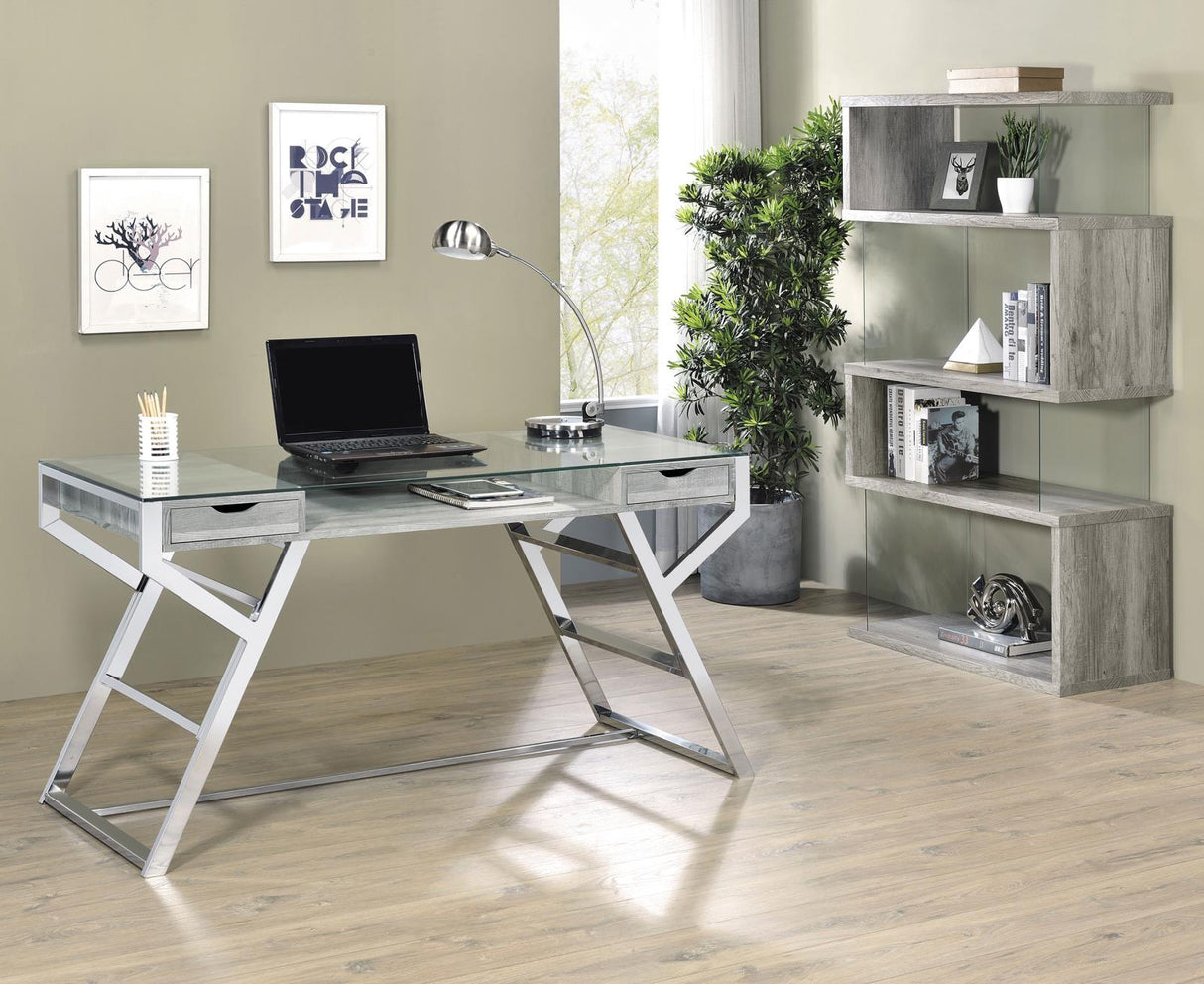 Emelle Gray Driftwood/Chrome 2-Drawer Glass Top Writing Desk from Coaster - Luna Furniture