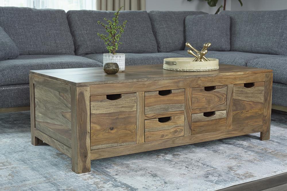 Esther Natural Sheesham 6-Drawer Storage Coffee Table from Coaster - Luna Furniture