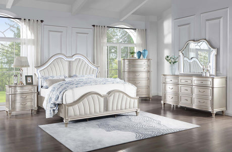 Evangeline 5-piece Upholstered Platform Eastern King Bedroom Set Ivory and Silver Oak - 223391KE-S5 - Luna Furniture