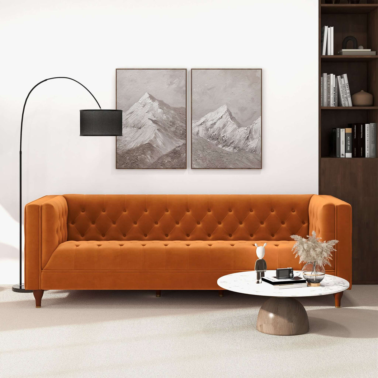 Evelyn Mid Century Modern Burnt Orange Velvet  Luxury Chesterfield Sofa - AFC00330 - Luna Furniture