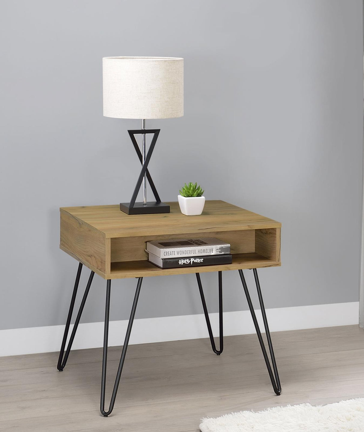 Fanning Square End Table with Open Compartment Golden Oak/Black from Coaster - Luna Furniture