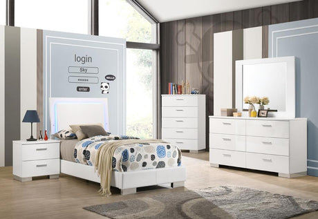 Felicity 4-piece Twin Bedroom Set with LED Lighting Glossy White - 203500T-S4 - Luna Furniture