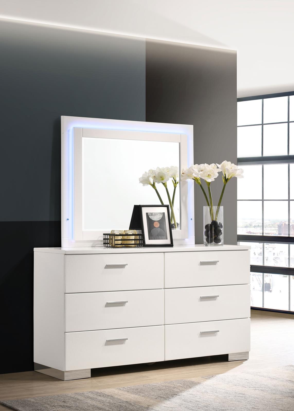 Felicity 6-drawer Dresser with LED Mirror Glossy White from Coaster - Luna Furniture