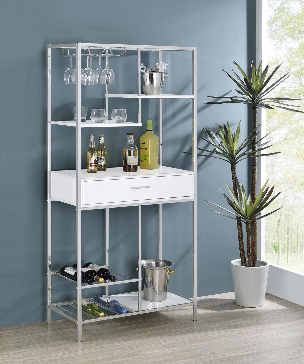 Figueroa 5-shelf Wine Cabinet with Storage Drawer White High Gloss and Chrome from Coaster - Luna Furniture