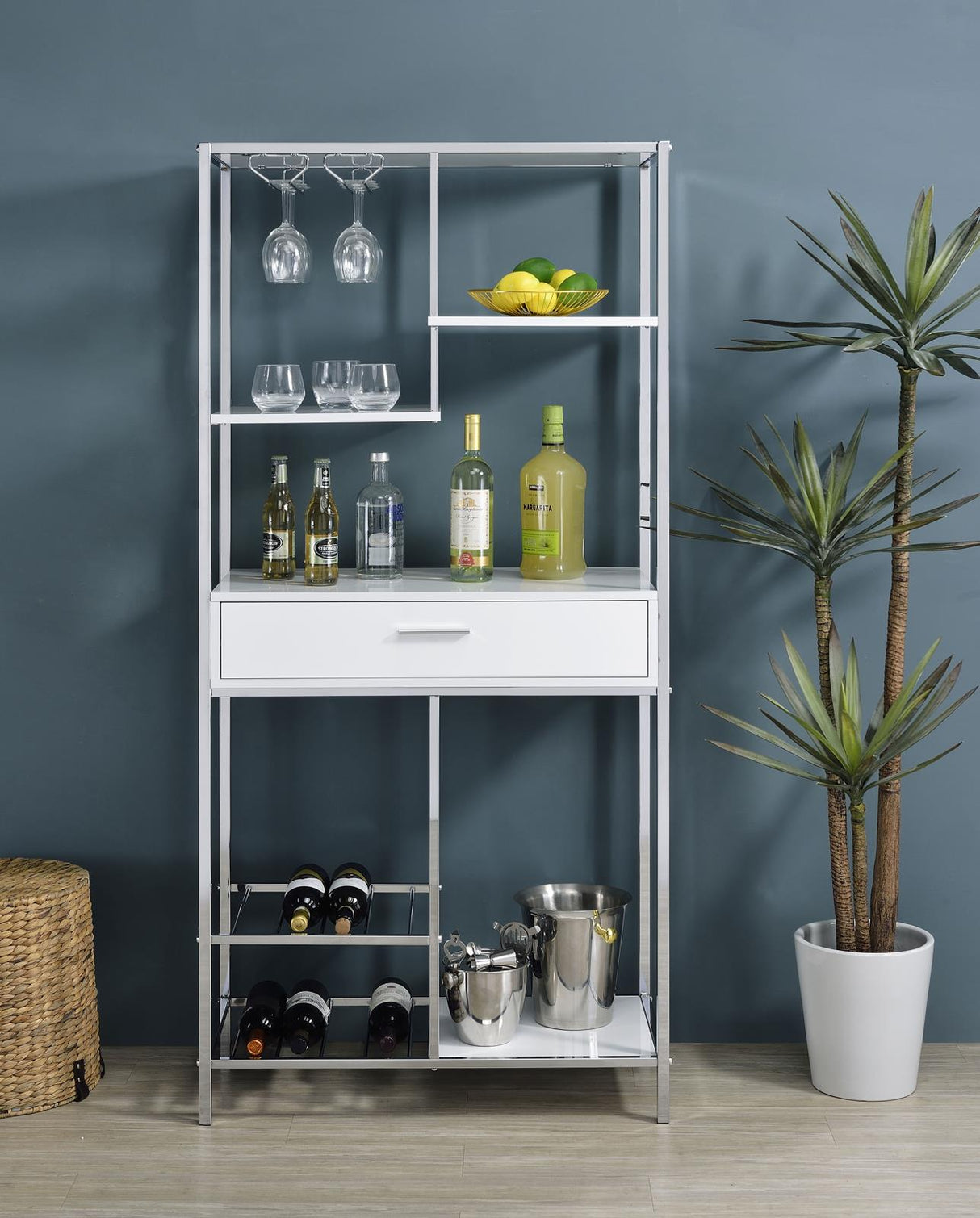 Figueroa 5-shelf Wine Cabinet with Storage Drawer White High Gloss and Chrome from Coaster - Luna Furniture