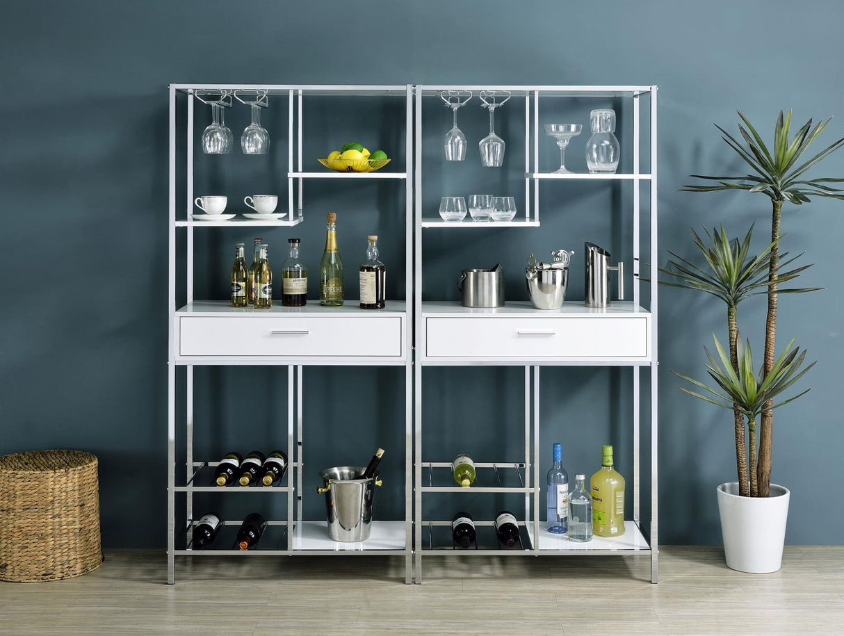 Figueroa 5-shelf Wine Cabinet with Storage Drawer White High Gloss and Chrome from Coaster - Luna Furniture