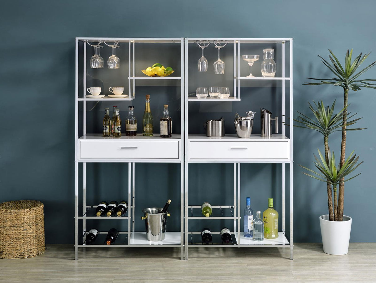 Figueroa 5-shelf Wine Cabinet with Storage Drawer White High Gloss and Chrome from Coaster - Luna Furniture