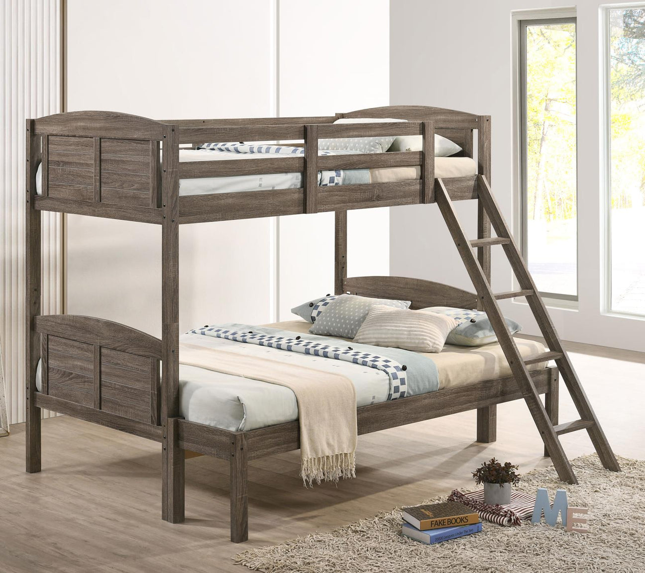 Flynn Weathered Brown Twin over Full Bunk Bed from Coaster - Luna Furniture