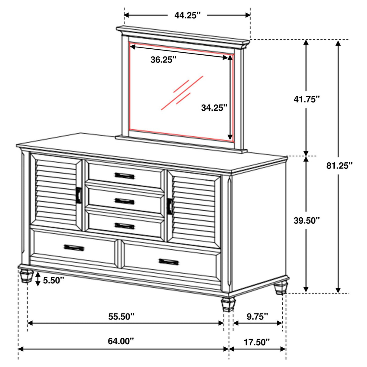 Franco 5-drawer Dresser with Mirror Antique White from Coaster - Luna Furniture