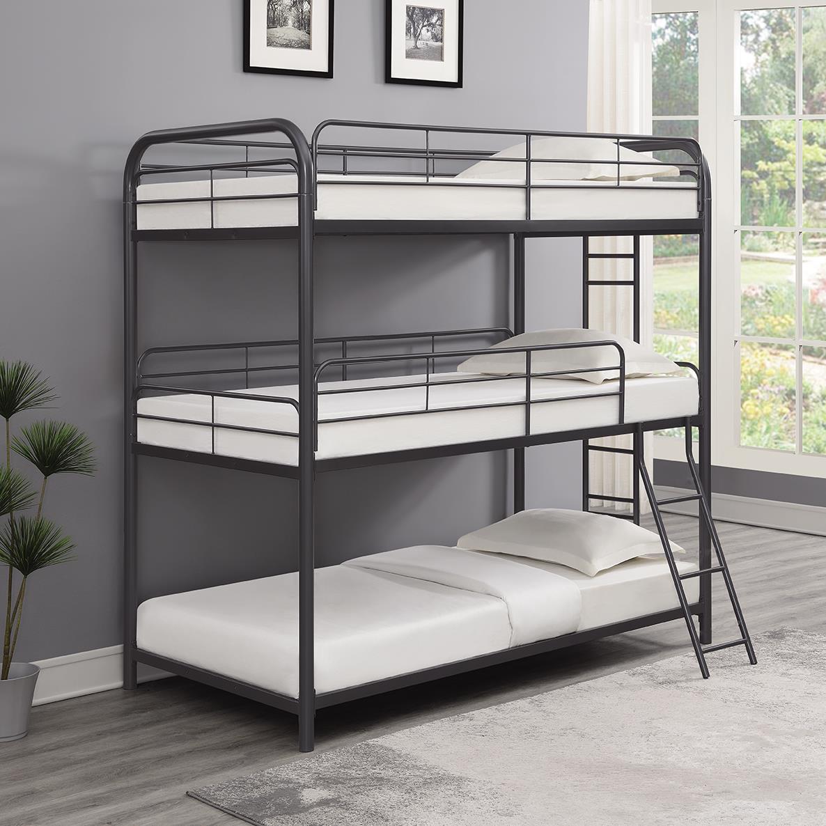 Garner Gunmetal Triple Bunk Bed with Ladder from Coaster - Luna Furniture