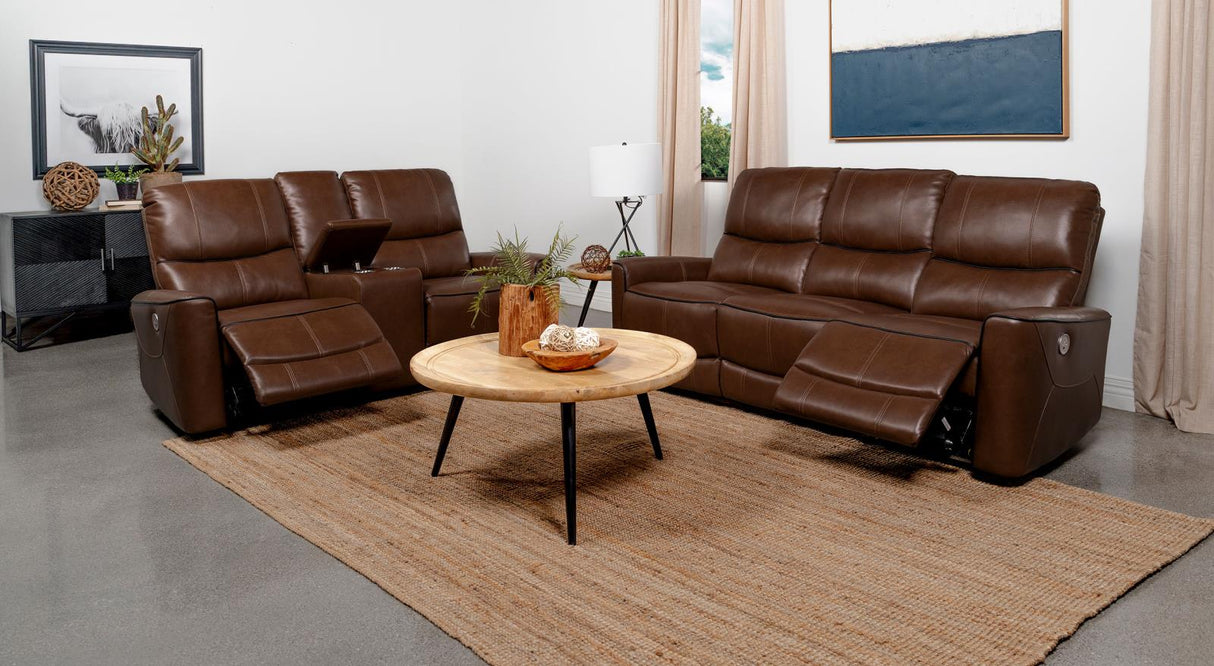 Greenfield 2-piece Upholstered Power Reclining Sofa Set Saddle Brown from Coaster - Luna Furniture