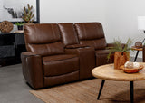 Greenfield Upholstered Power Reclining Loveseat with Console Saddle Brown from Coaster - Luna Furniture