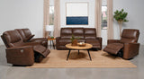 Greenfield Upholstered Power Reclining Loveseat with Console Saddle Brown from Coaster - Luna Furniture