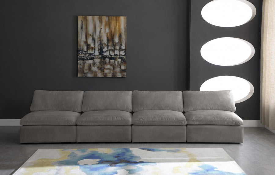 Cozy Grey Velvet Modular Fiber Filled Cloud-Like Comfort Overstuffed 156" Armless Sofa from Meridian - Luna Furniture