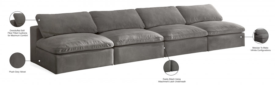 Cozy Grey Velvet Modular Fiber Filled Cloud-Like Comfort Overstuffed 156" Armless Sofa from Meridian - Luna Furniture