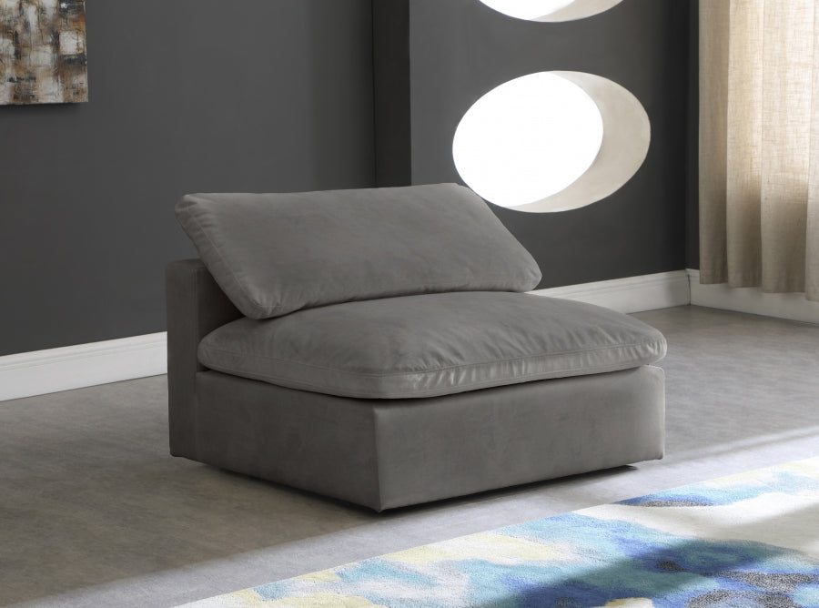 Cozy Grey Velvet Modular Fiber Filled Cloud-Like Comfort Overstuffed Armless Chair from Meridian - Luna Furniture