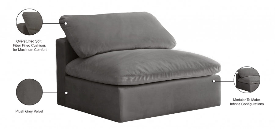 Cozy Grey Velvet Modular Fiber Filled Cloud-Like Comfort Overstuffed Armless Chair from Meridian - Luna Furniture