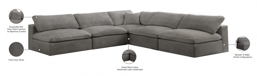 Cozy Grey Velvet Modular Fiber Filled Cloud-Like Comfort Overstuffed Reversible Sectional from Meridian - Luna Furniture