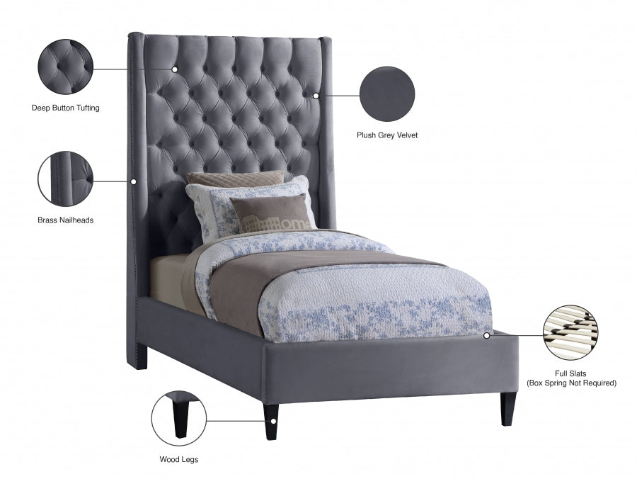 Fritz Grey Velvet Twin Bed from Meridian - Luna Furniture