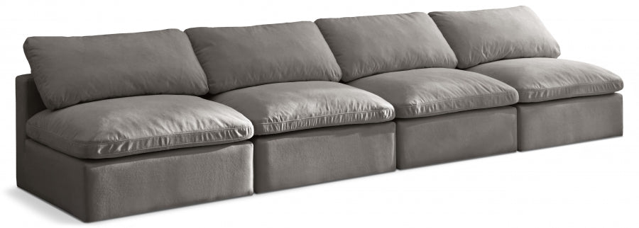 Plush Grey Velvet Standard Modular Down Filled Cloud-Like Comfort Overstuffed 140" Armless Sofa from Meridian - Luna Furniture