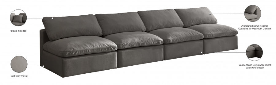 Plush Grey Velvet Standard Modular Down Filled Cloud-Like Comfort Overstuffed 140" Armless Sofa from Meridian - Luna Furniture