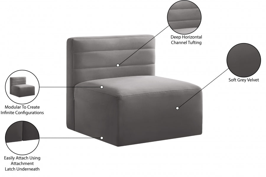 Quincy Grey Velvet Modular Cloud-Like Comfort Armless Chair from Meridian - Luna Furniture