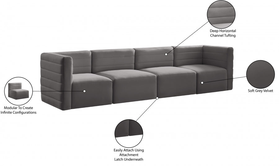 Quincy Grey Velvet Modular Cloud-Like Comfort Sofa from Meridian - Luna Furniture