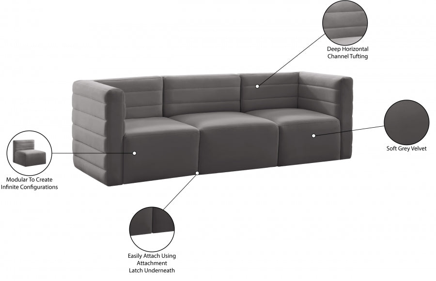 Quincy Grey Velvet Modular Cloud-Like Comfort Sofa from Meridian - Luna Furniture