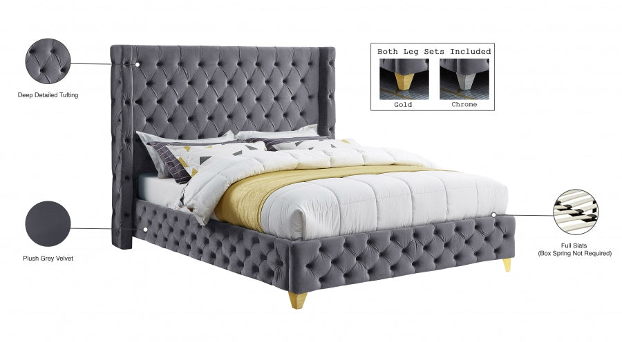 Savan Grey Velvet Queen Bed from Meridian - Luna Furniture