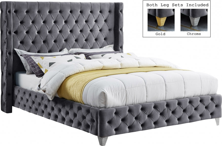 Savan Grey Velvet Queen Bed from Meridian - Luna Furniture