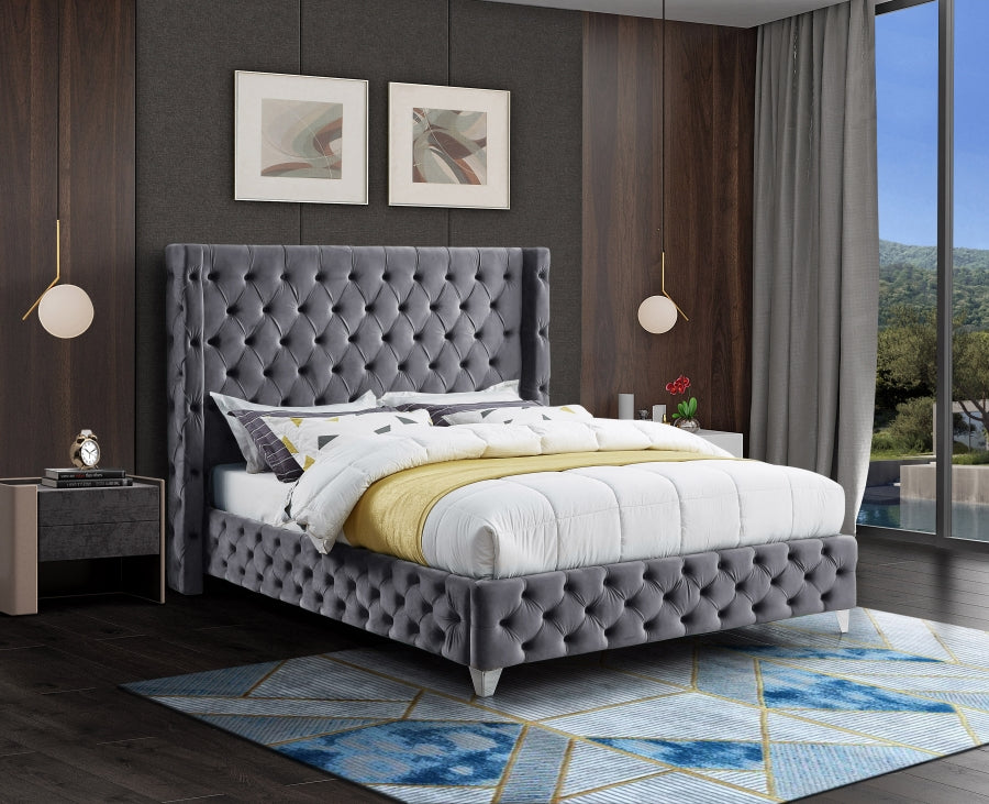 Savan Grey Velvet Queen Bed from Meridian - Luna Furniture