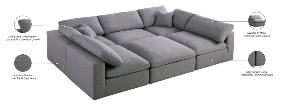 Serene Grey Linen Textured Deluxe Modular Down Filled Cloud-Like Comfort Overstuffed Sectional from Meridian - Luna Furniture