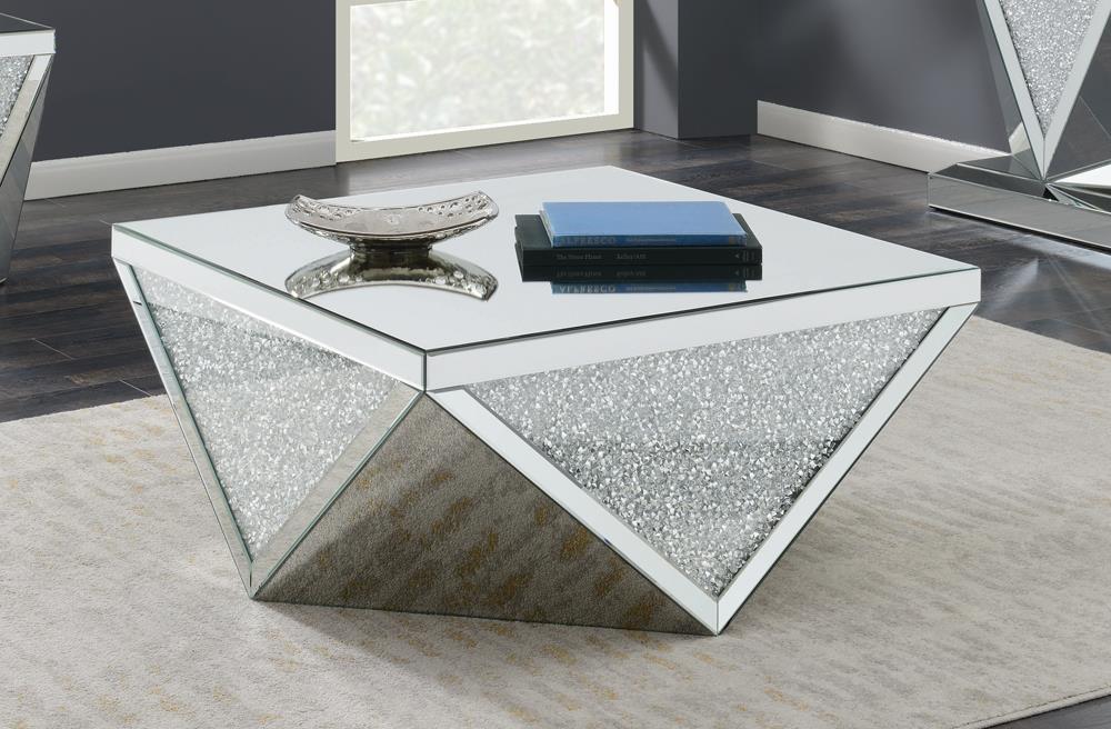 Gunilla Silver/Clear Mirror Square Coffee Table with Triangle Detailing from Coaster - Luna Furniture