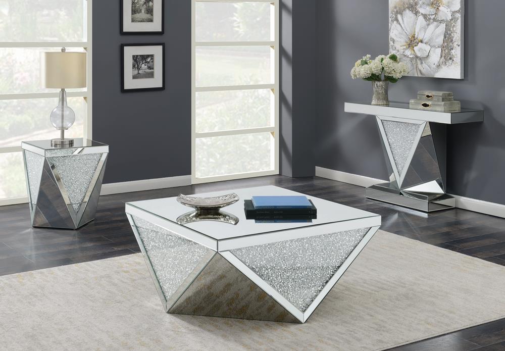 Gunilla Silver/Clear Mirror Square Coffee Table with Triangle Detailing from Coaster - Luna Furniture