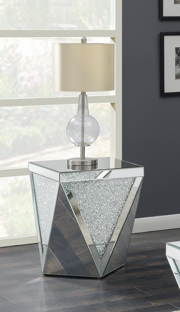 Gunilla Square End Table with Triangle Detailing Silver/Clear Mirror from Coaster - Luna Furniture