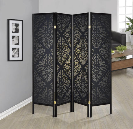 Haidera 4-panel Damask Pattern Folding Screen Black - 901632 - Luna Furniture