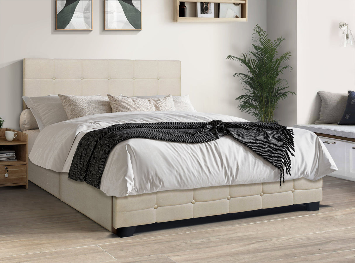 Capitone Beige Full Platform Bed with Side Drawer Storage from Happy Homes - Luna Furniture