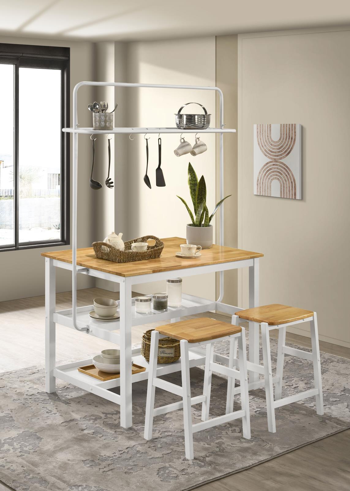 Hollis Kitchen Island Counter Height Table with Pot Rack Brown and White from Coaster - Luna Furniture